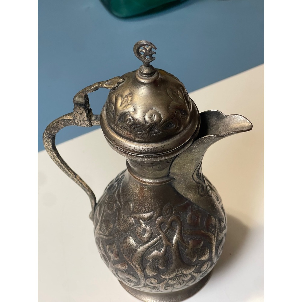 Vintage Ornate Metal Pitcher Floral Relief Hinged Lid Crescent Moon Finial 8.25"